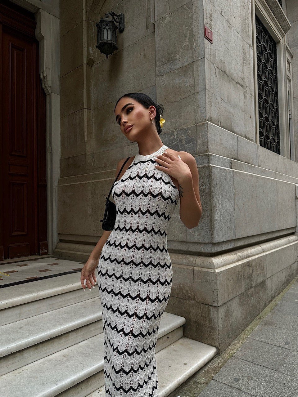 White Ajoured Halter Collar Dress