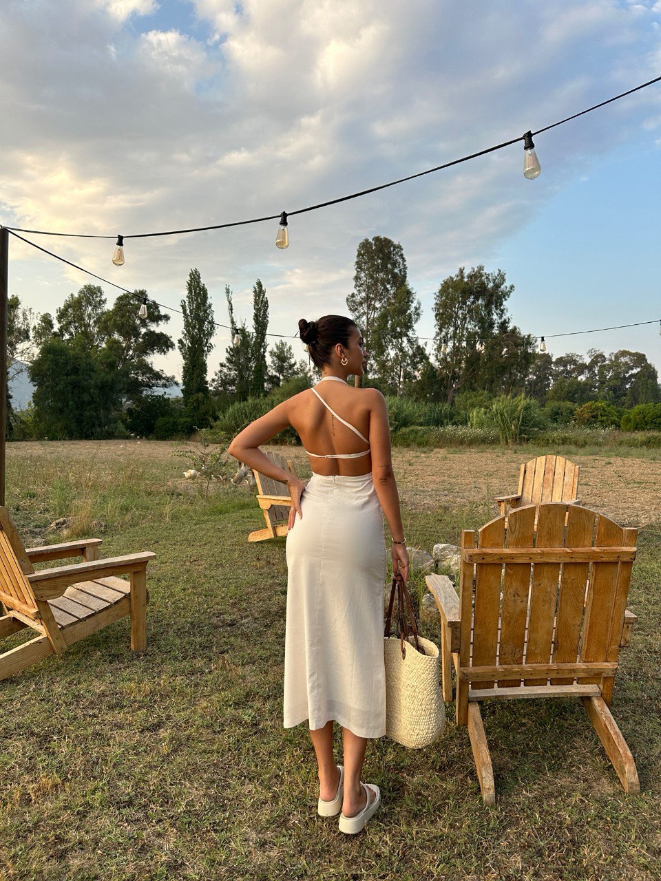 Beige Backless Detail Linen Dress