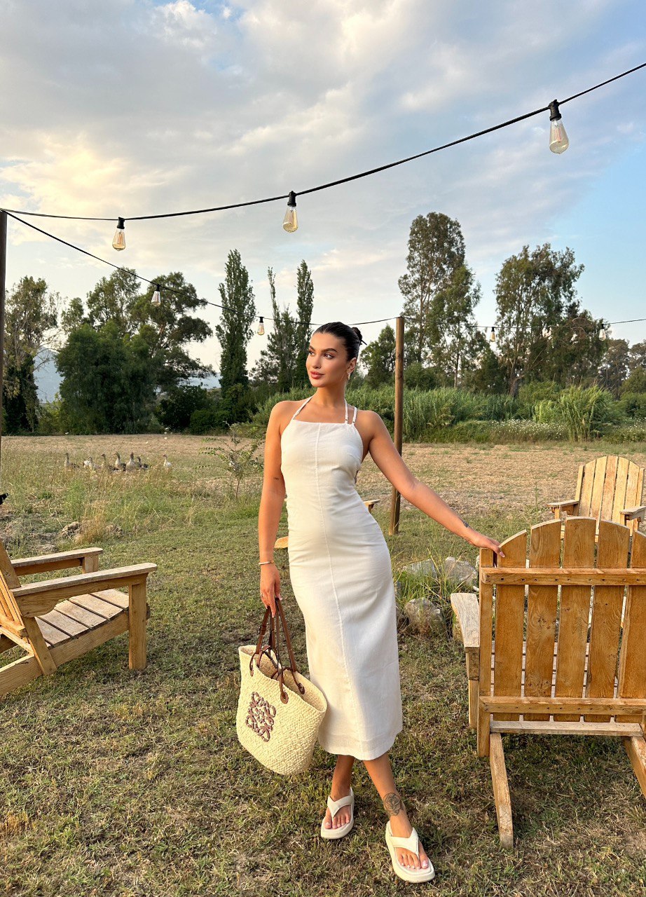 Beige Backless Detail Linen Dress