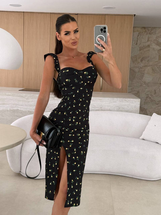 Black Micro Fabric Globe Slit Midi Length Dress