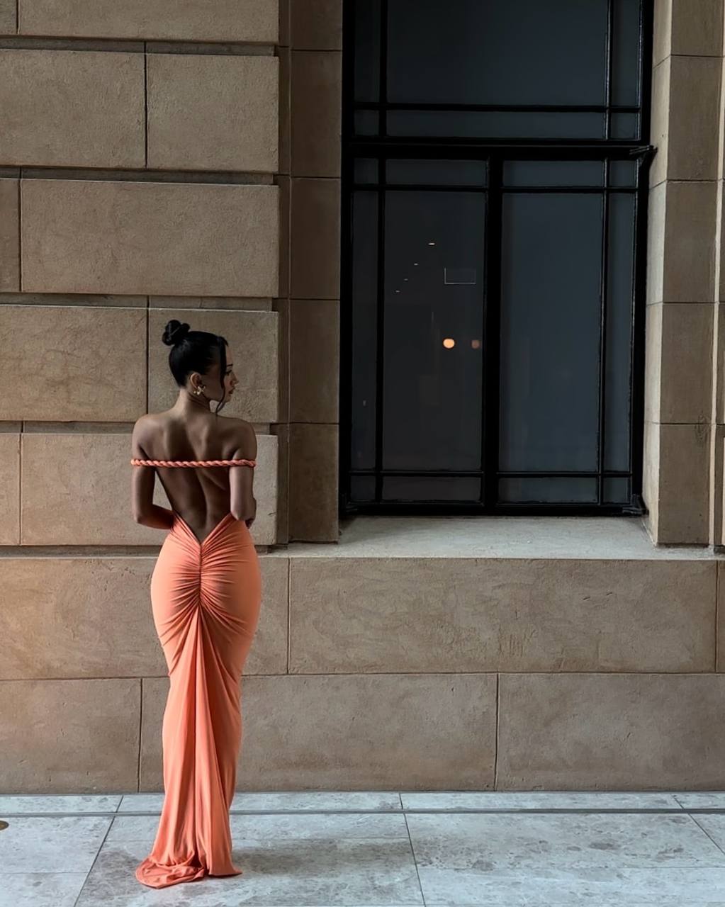 orange Sandy Fabric Twist Strap Detail Backless Long Dress