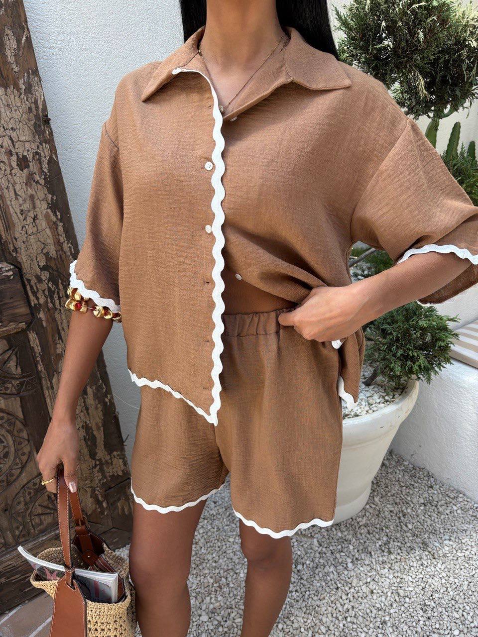 Piping Detailed Shorts Linen Suit