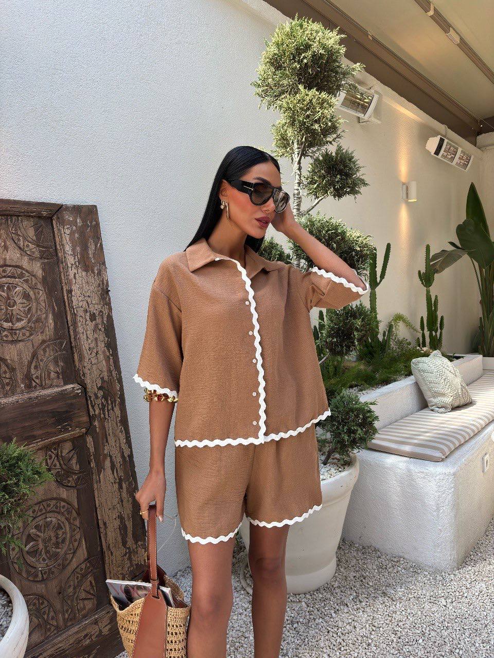 Piping Detailed Shorts Linen Suit