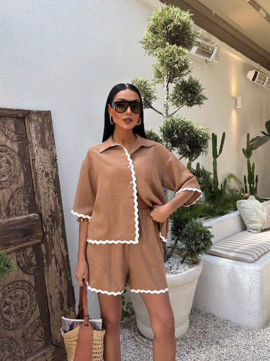 Piping Detailed Shorts Linen Suit