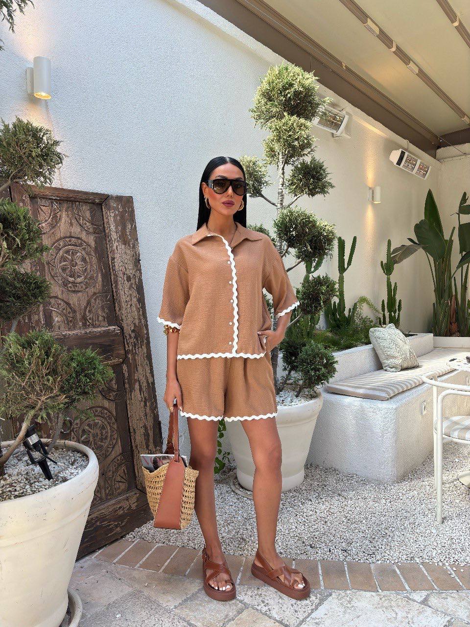 Piping Detailed Shorts Linen Suit