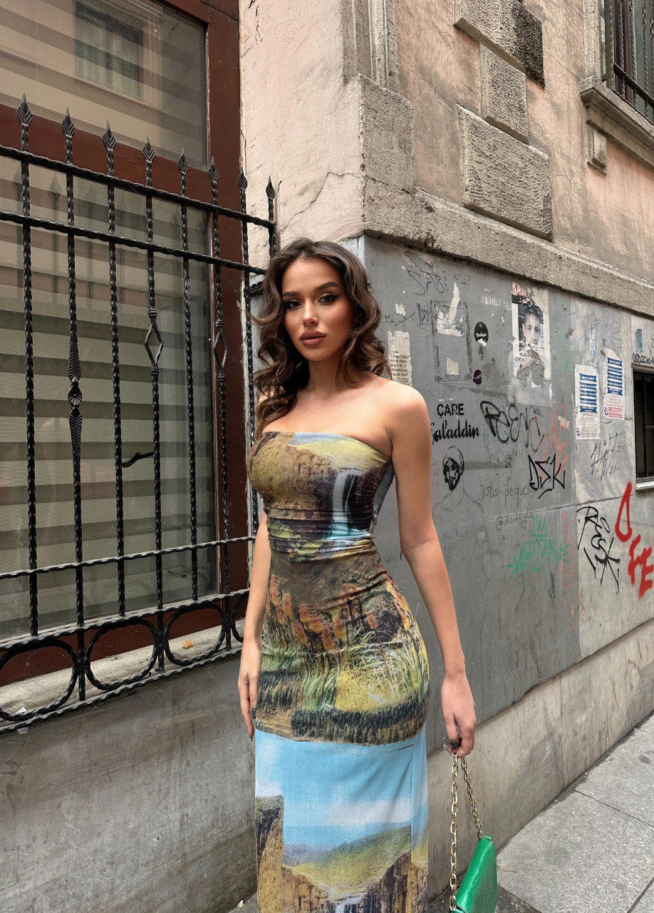 Strapless Tulle Dress with Mountain Pattern
