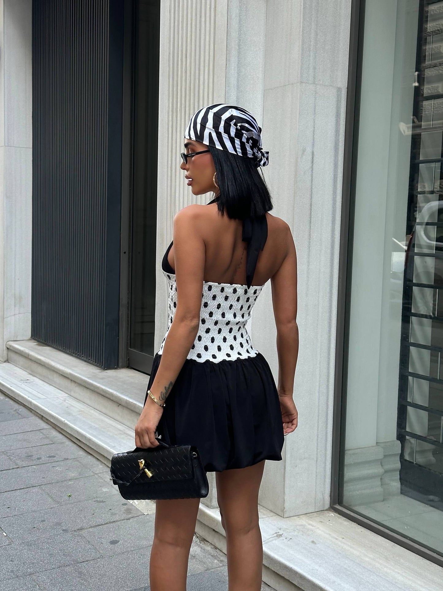 Black Sandy and Micro Fabric Polka Dot Waist Balloon Dress