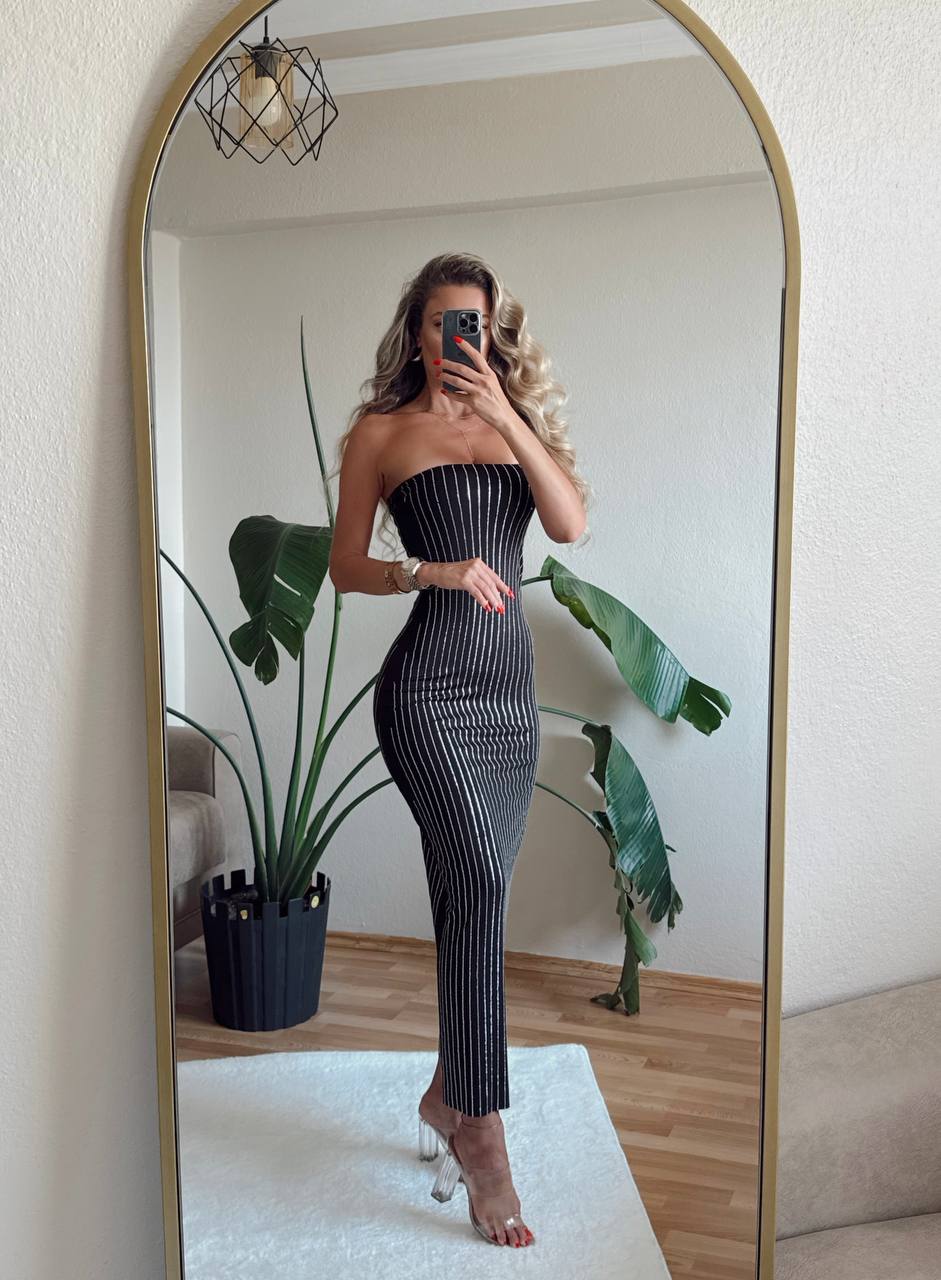 Maxi-Length Zirconium-Stone Strapless Dress