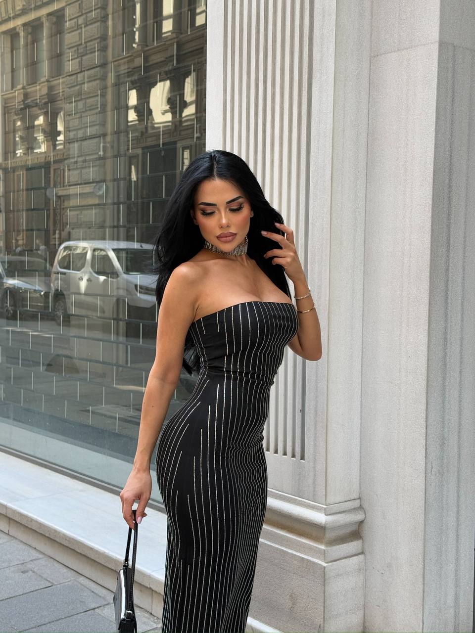 Maxi-Length Zirconium-Stone Strapless Dress