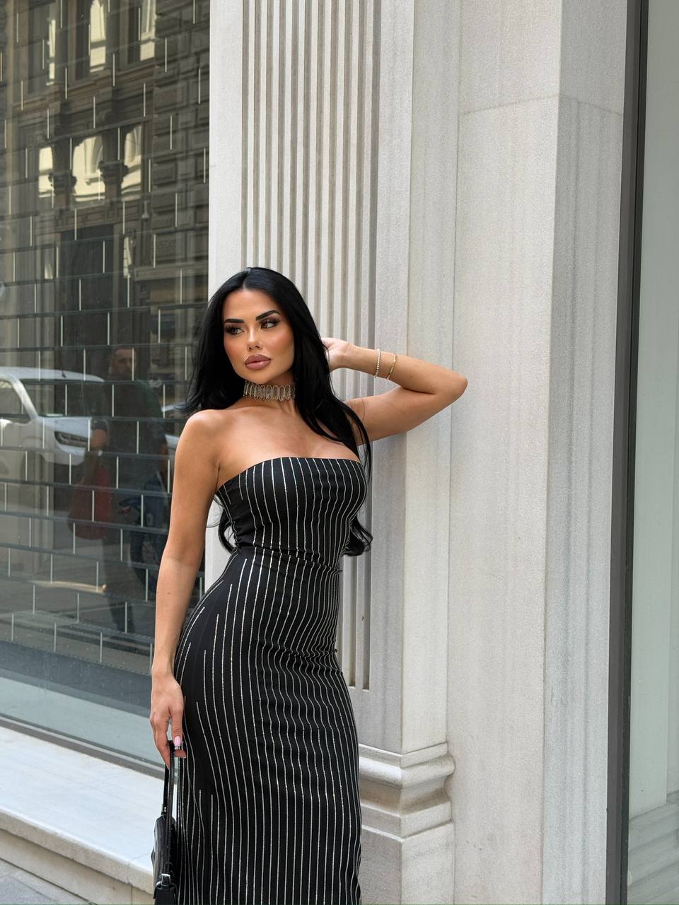 Maxi-Length Zirconium-Stone Strapless Dress