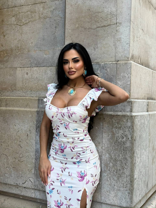 white Shoulder Ruffle Dress