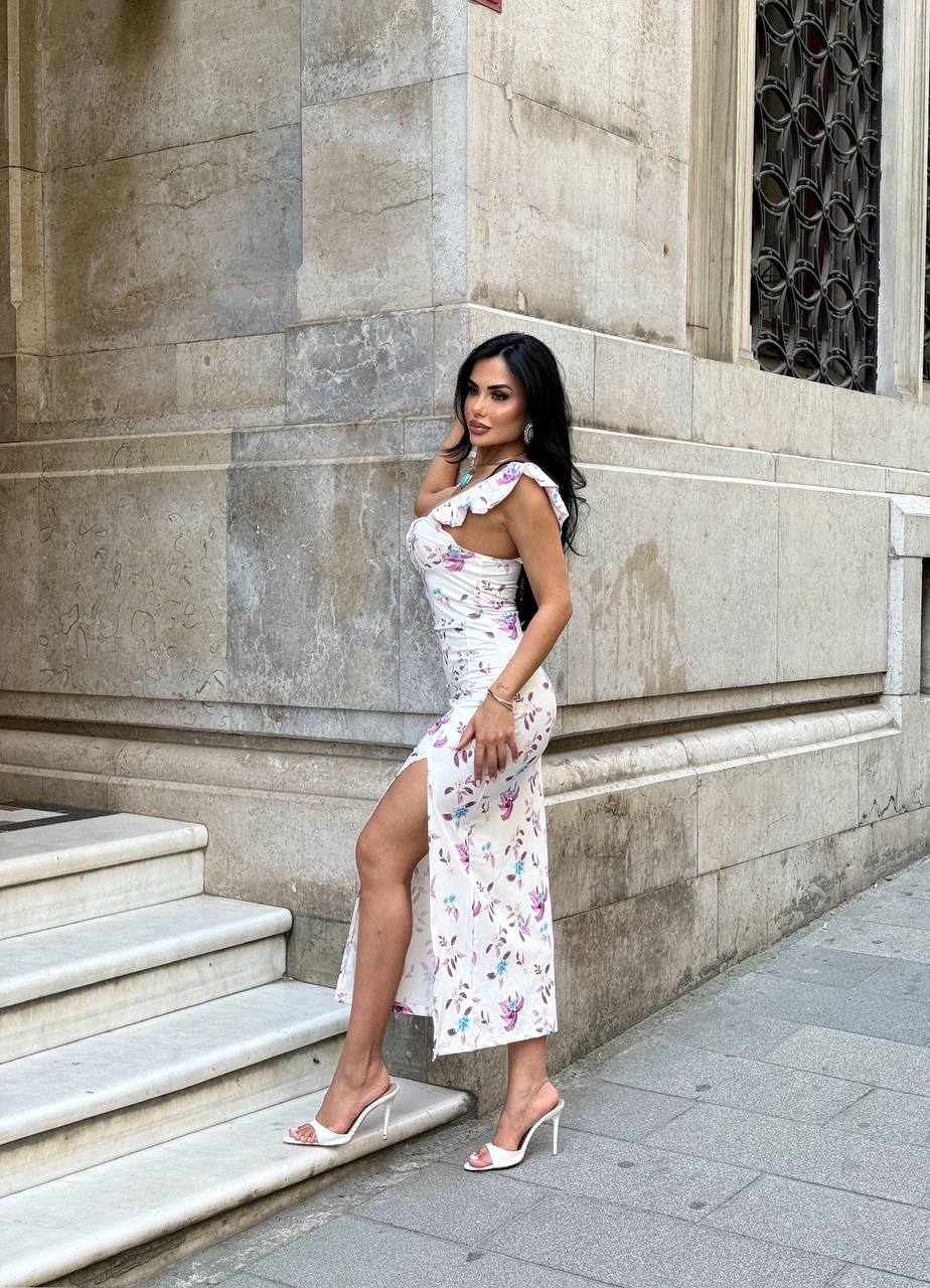 white Shoulder Ruffle Dress