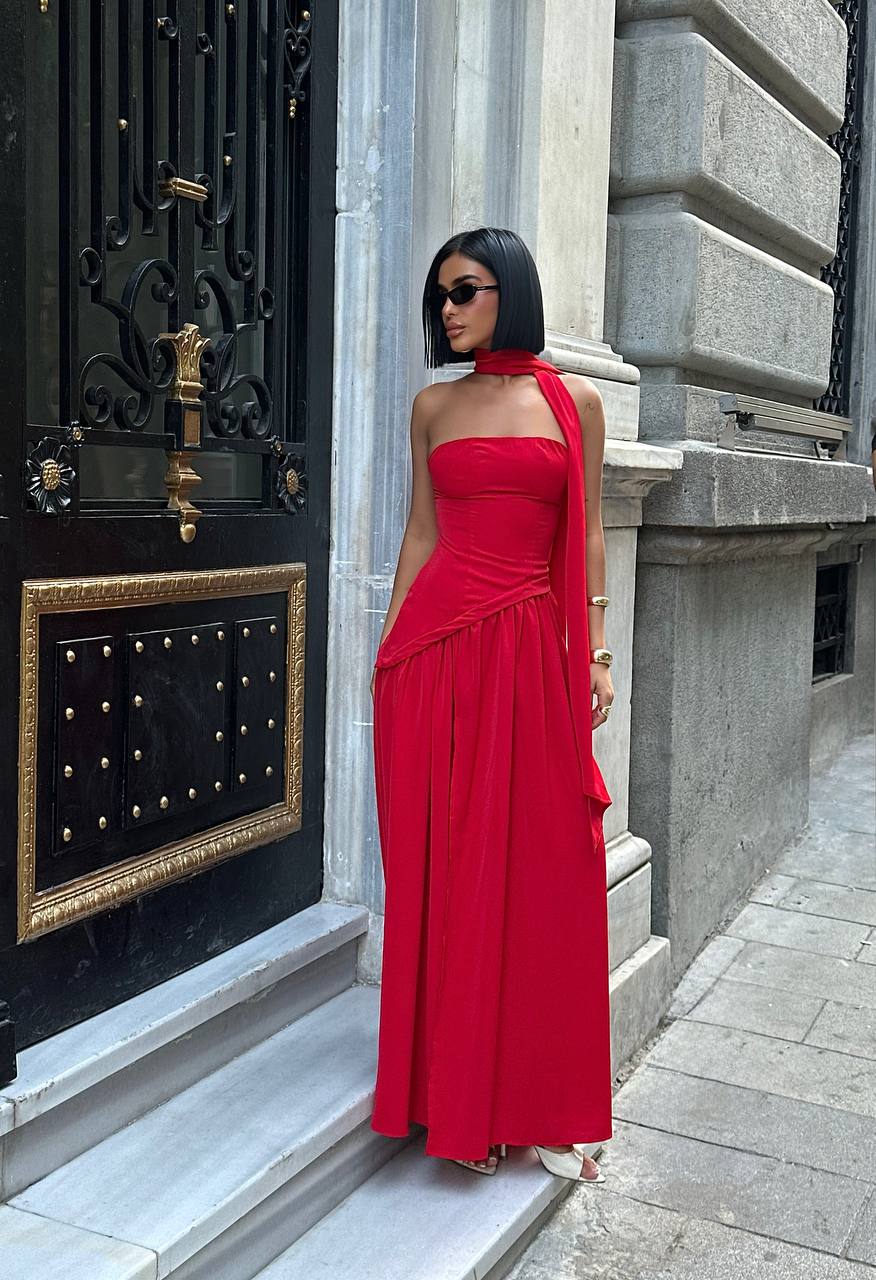 Red Dubai Fabric Shawl Dress