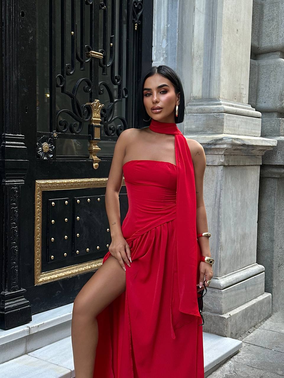Red Dubai Fabric Shawl Dress