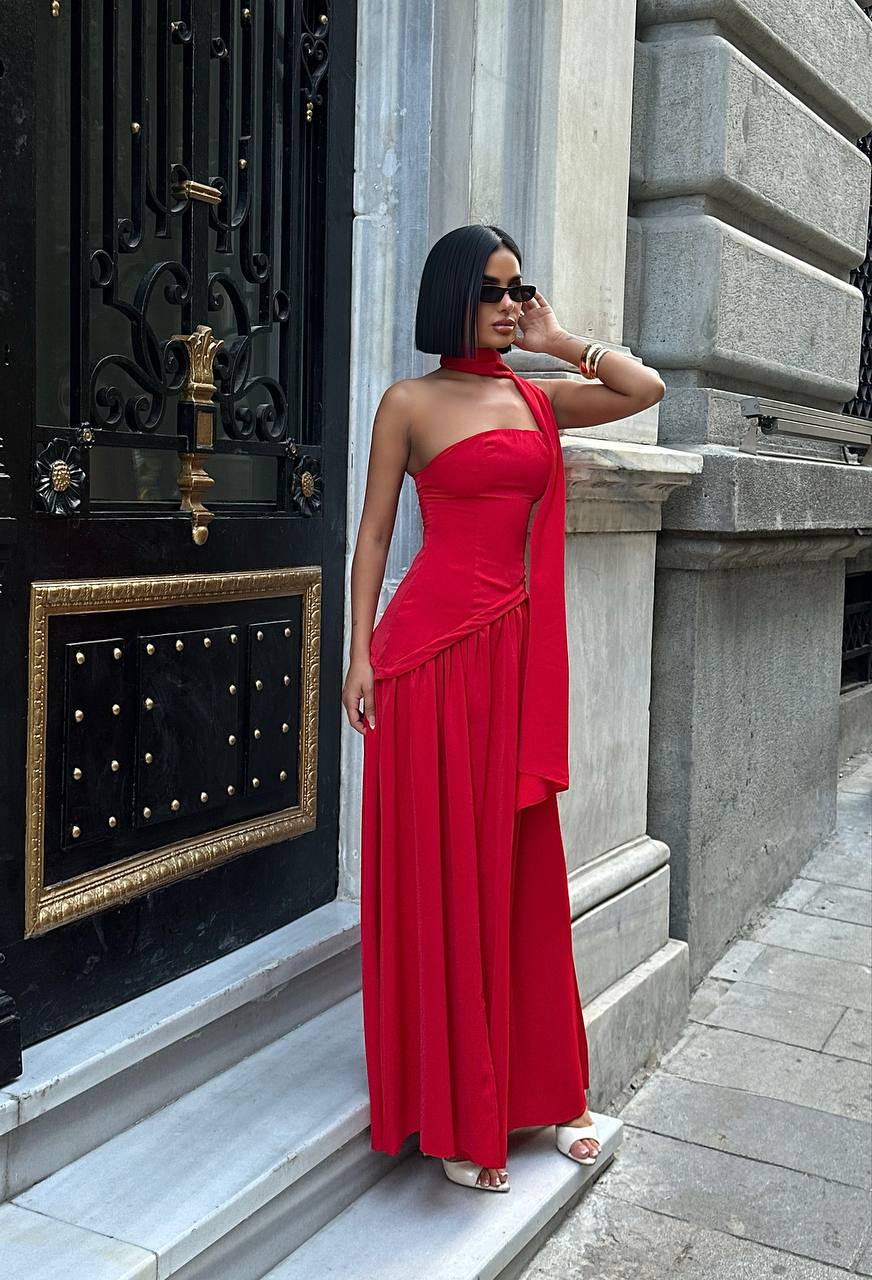 Red Dubai Fabric Shawl Dress