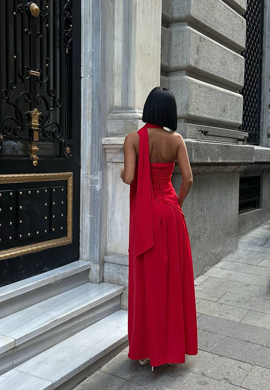 Red Dubai Fabric Shawl Dress