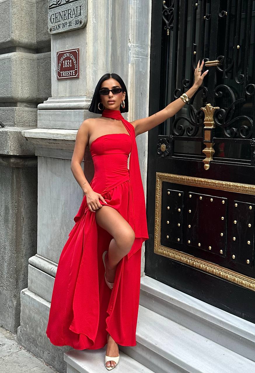 Red Dubai Fabric Shawl Dress