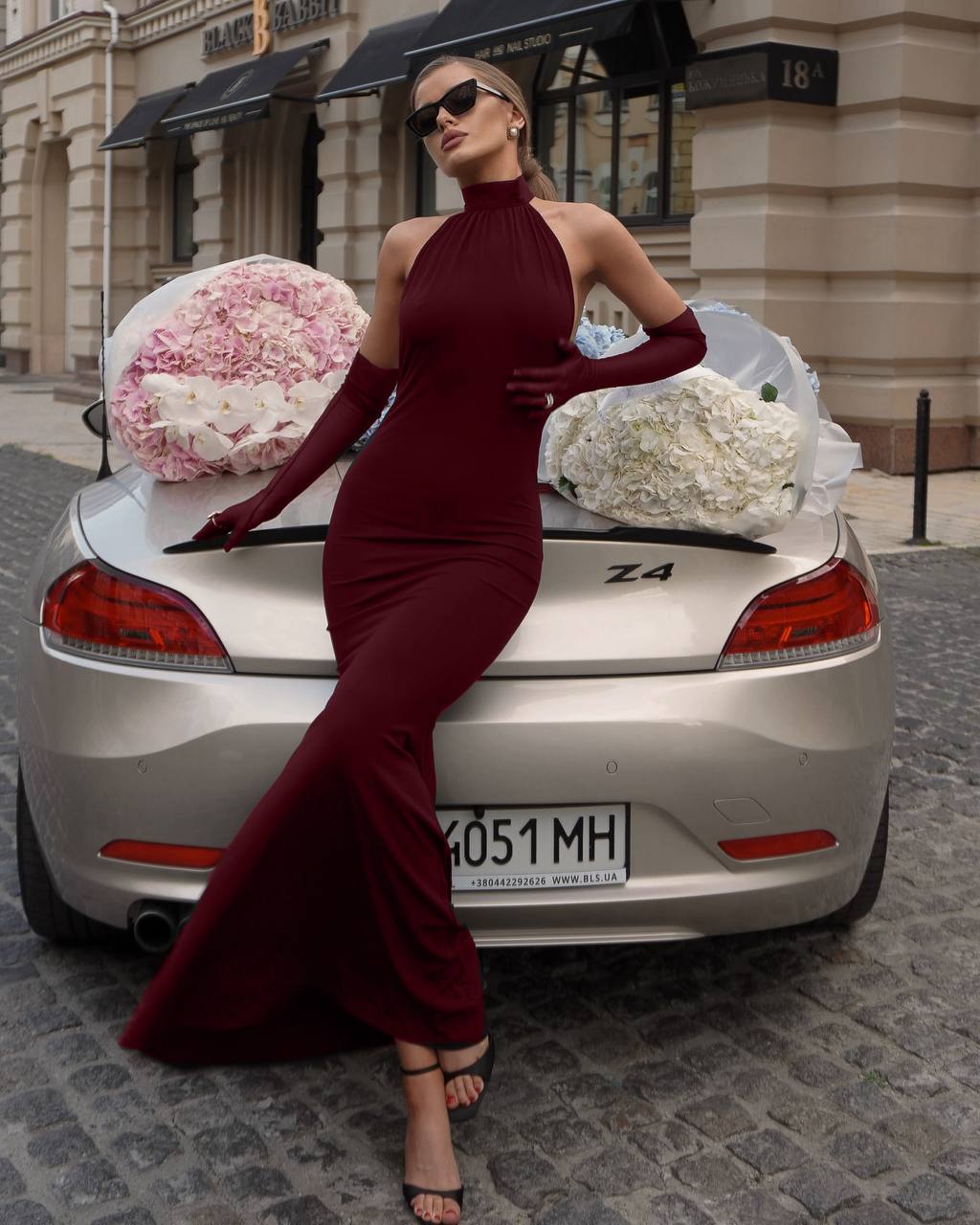 Burgundy SANNDY FABRIC DRESS WITH GLOVES