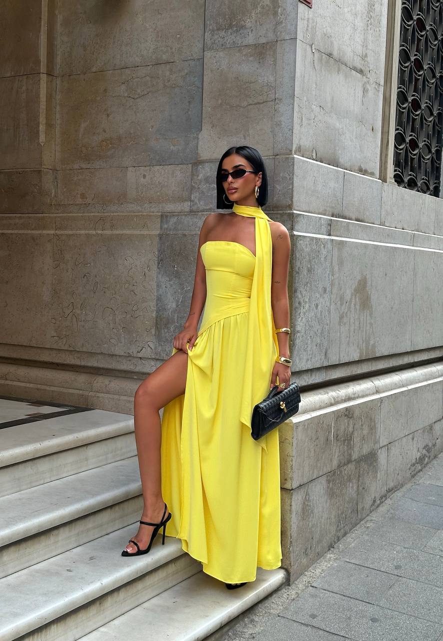 Yellow Dubai Fabric Shawl Dress