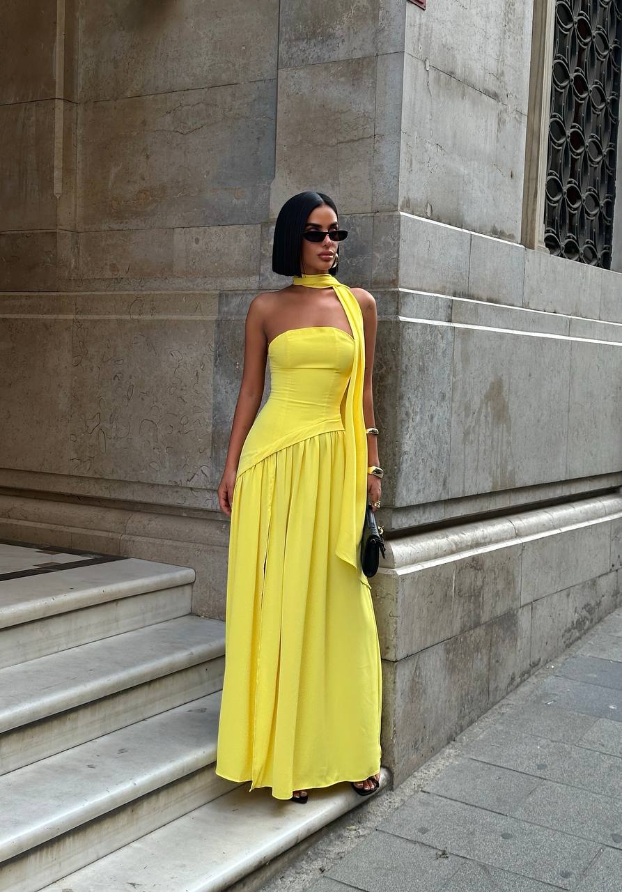 Yellow Dubai Fabric Shawl Dress