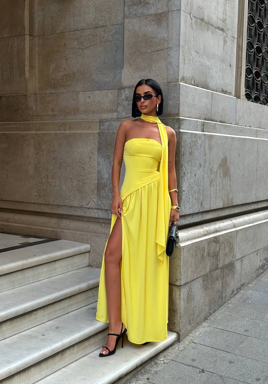 Yellow Dubai Fabric Shawl Dress
