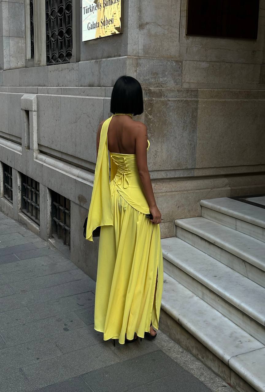 Yellow Dubai Fabric Shawl Dress