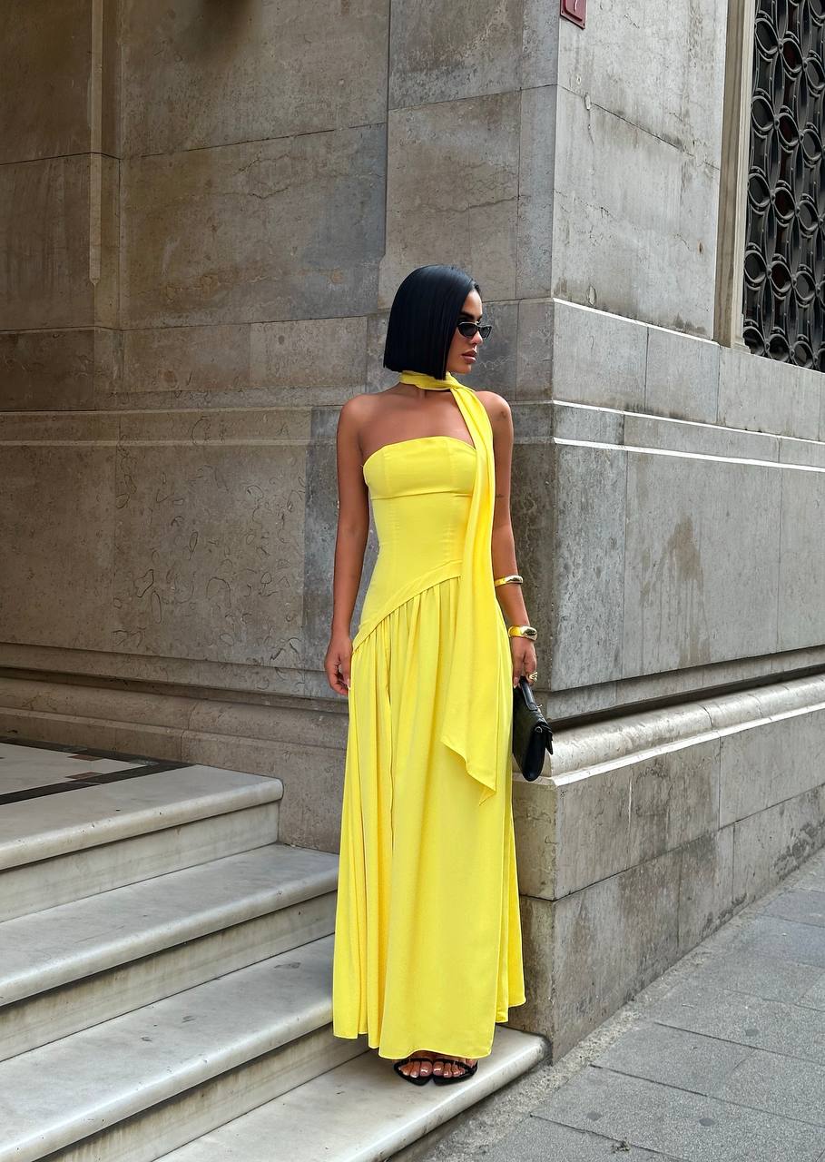 Yellow Dubai Fabric Shawl Dress