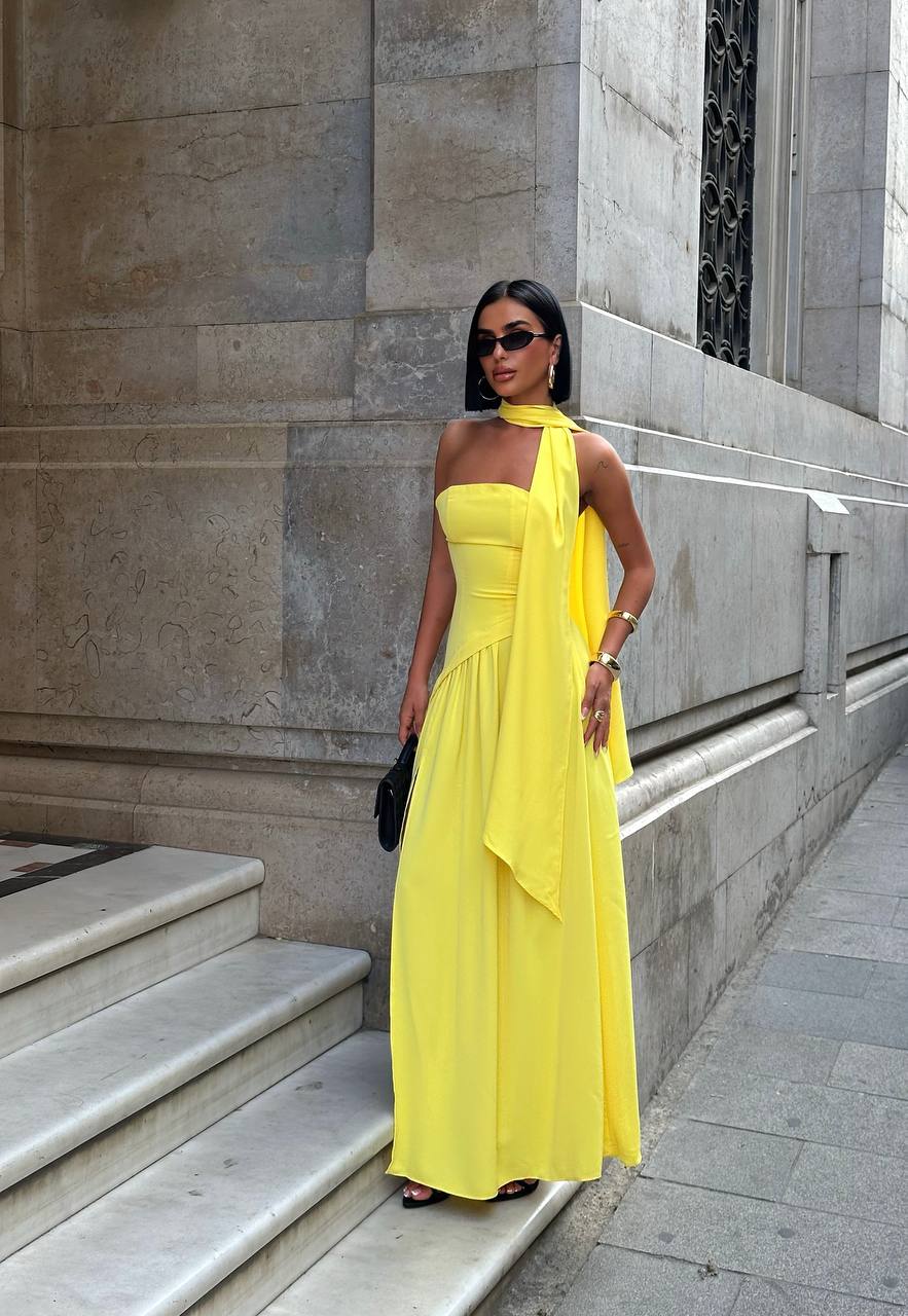 Yellow Dubai Fabric Shawl Dress