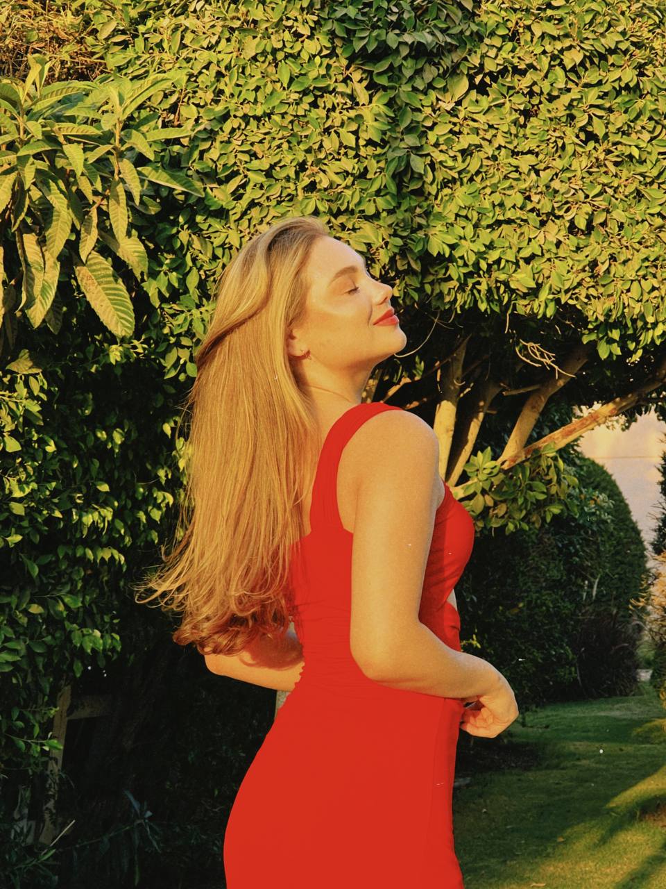 Red Window Detail Deep Slit Dress