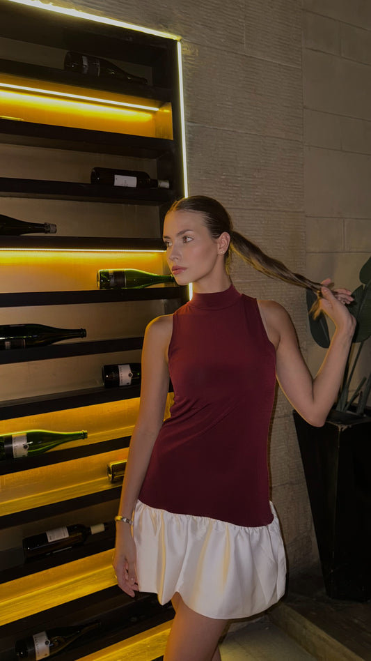 Burgundy Two-Tone Basic Dress