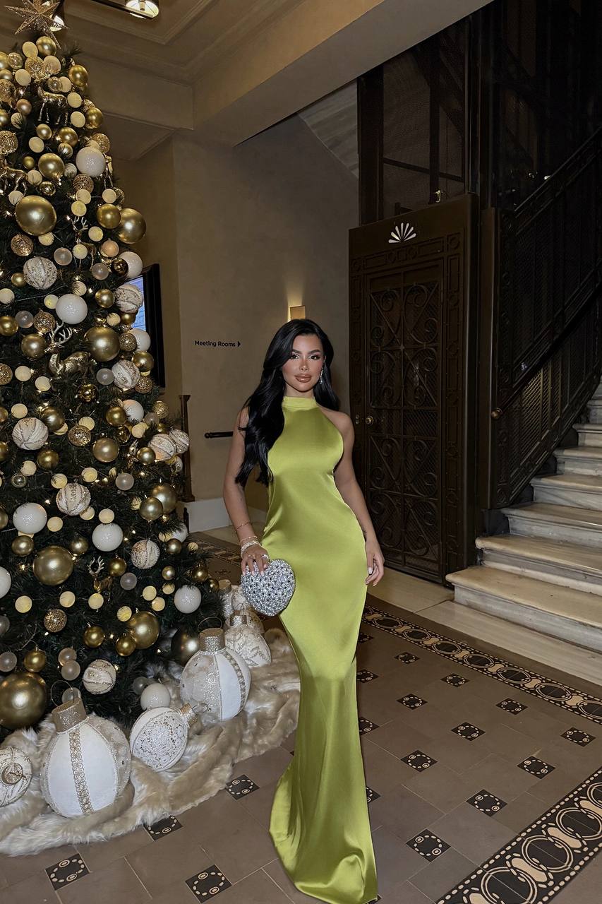 Green Basic Long Dress satin