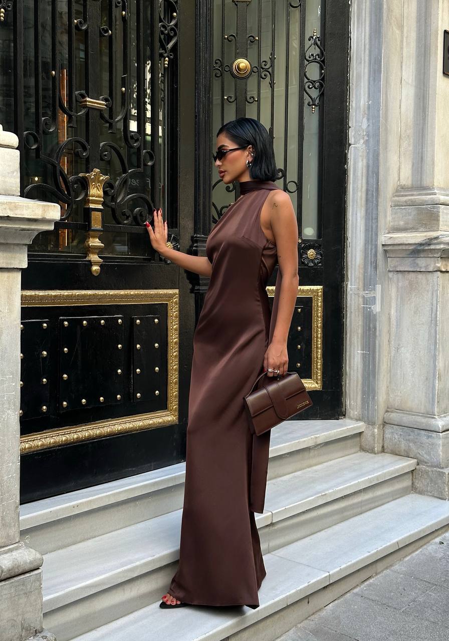 Brown satin dress with shawl