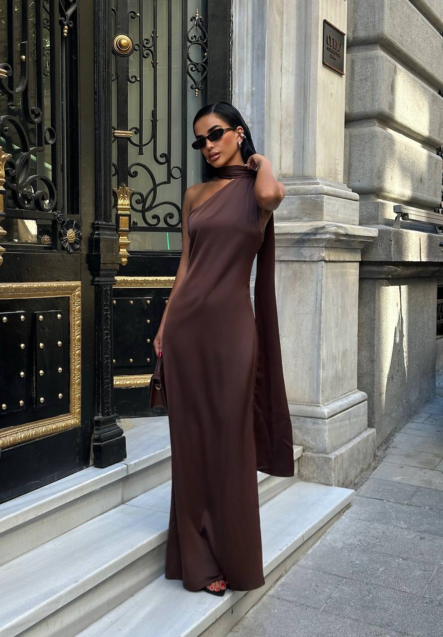 Brown satin dress with shawl