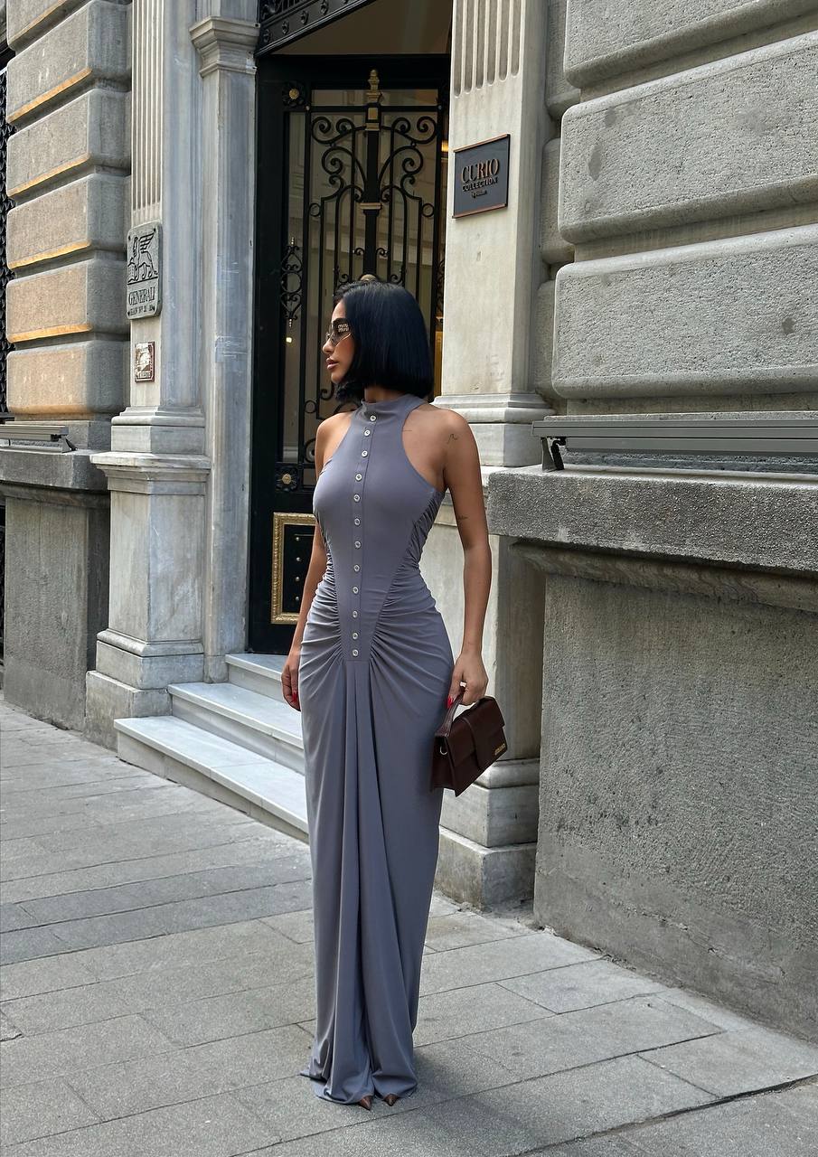 Gray Sandy Dress with Gathered Button Detail