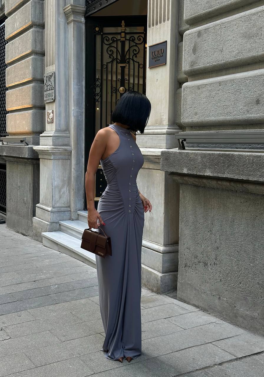 Gray Sandy Dress with Gathered Button Detail