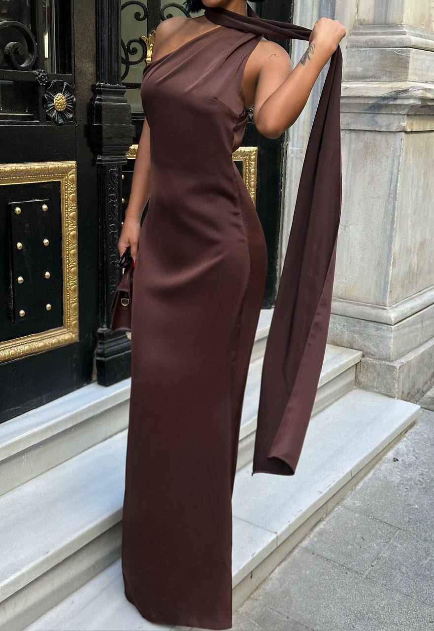 Brown satin dress with shawl