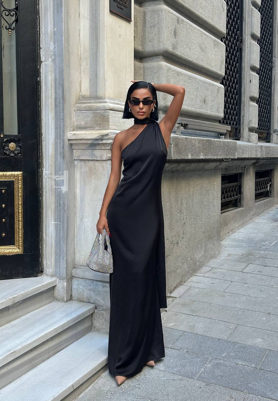 Black satin dress with shawl