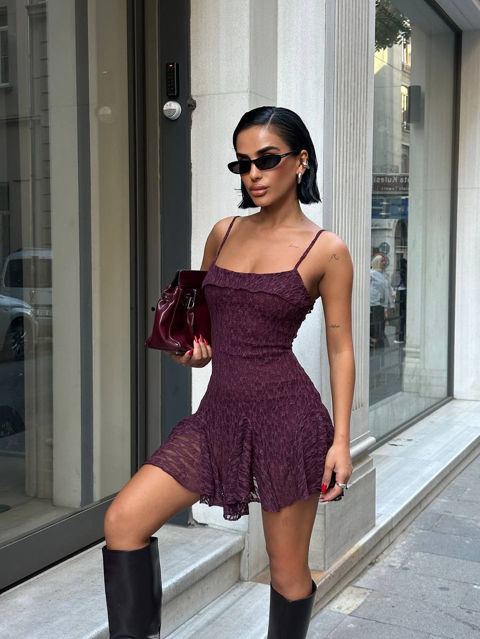 burgundy mini lace dress