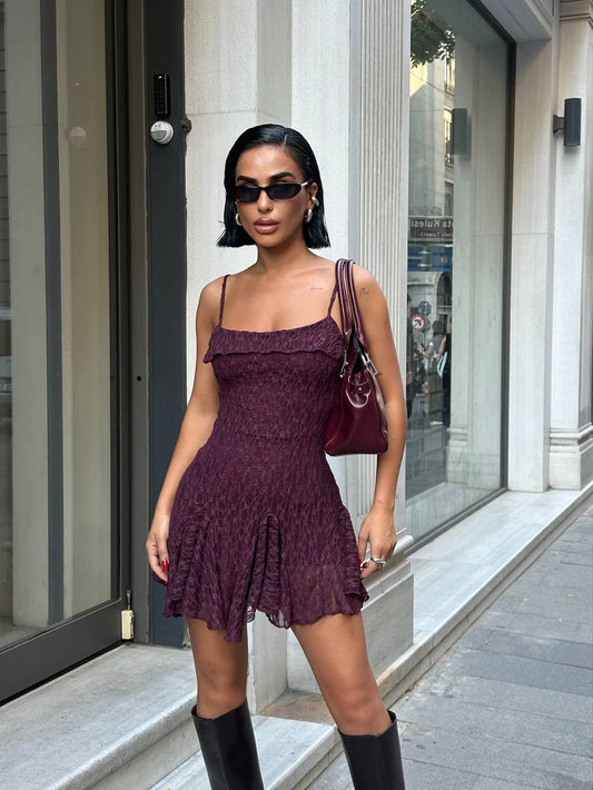 burgundy mini lace dress