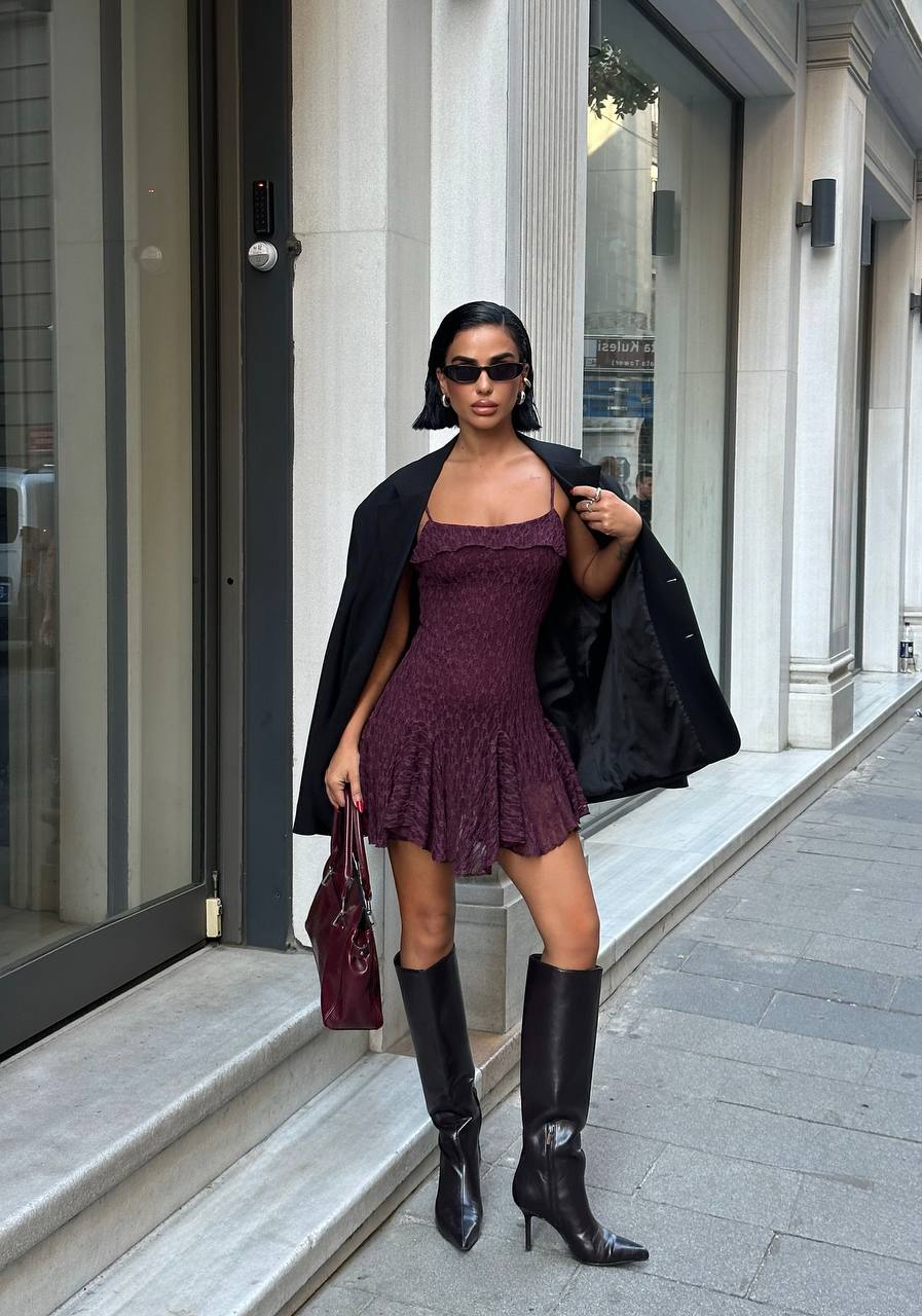 burgundy mini lace dress