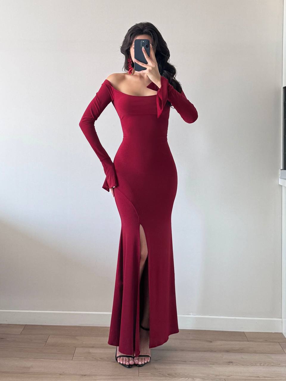 Burgundy long Sleeve Spanish Slit Dress