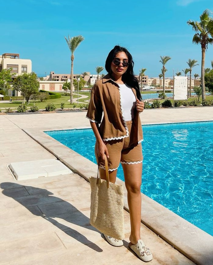 Piping Detailed Shorts Linen Suit