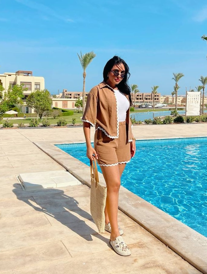 Piping Detailed Shorts Linen Suit