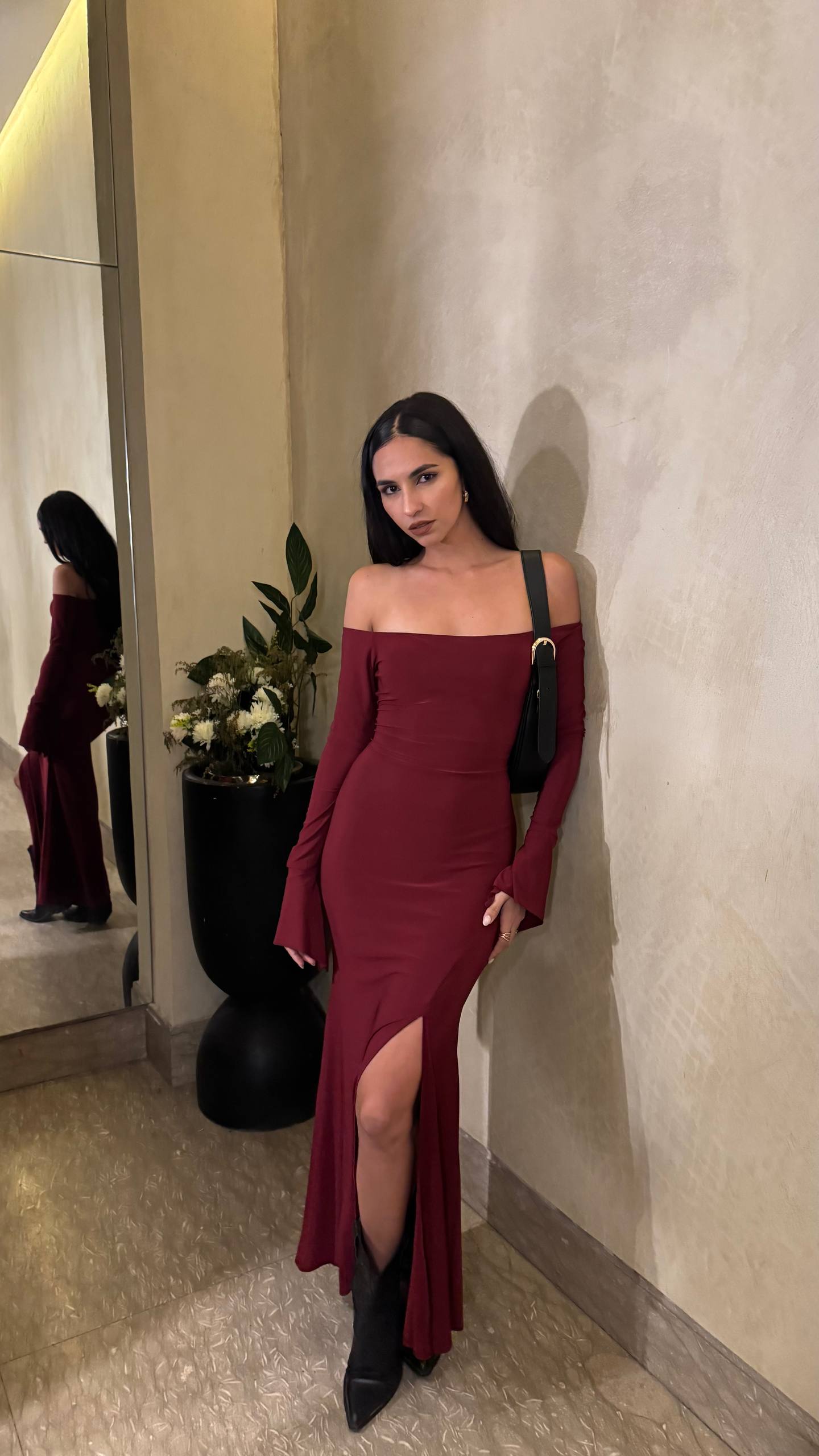 Burgundy long Sleeve Spanish Slit Dress