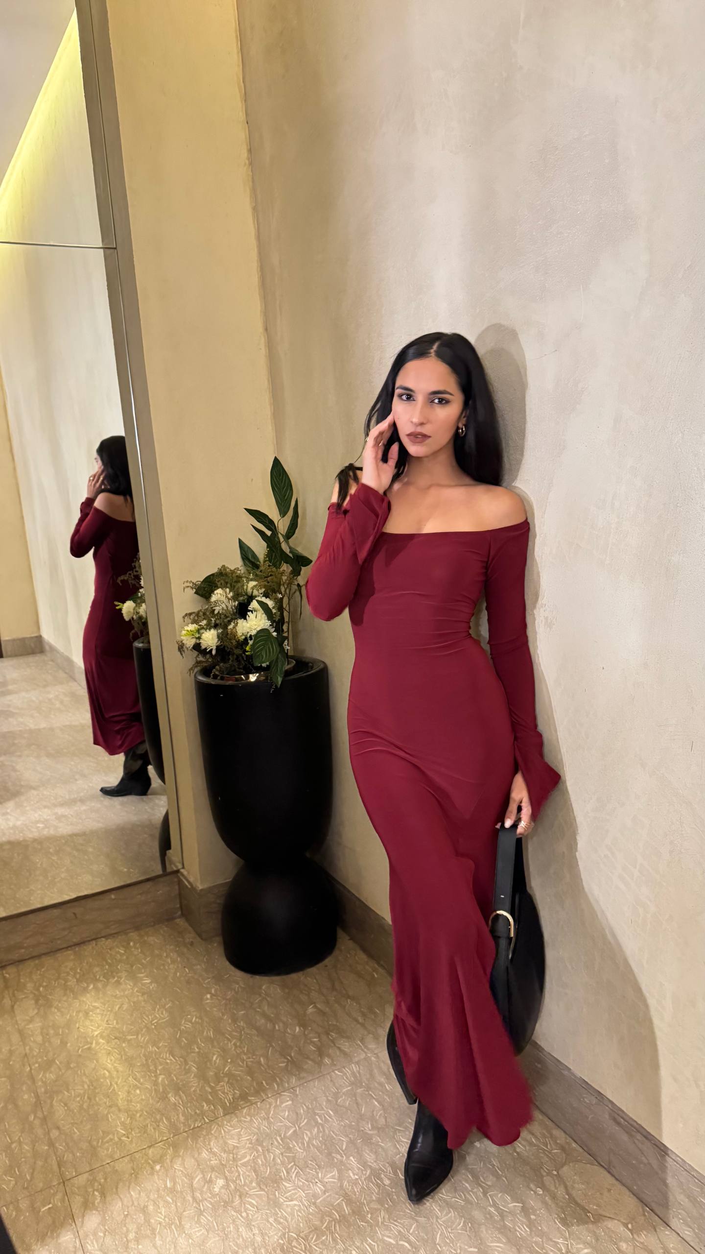 Burgundy long Sleeve Spanish Slit Dress