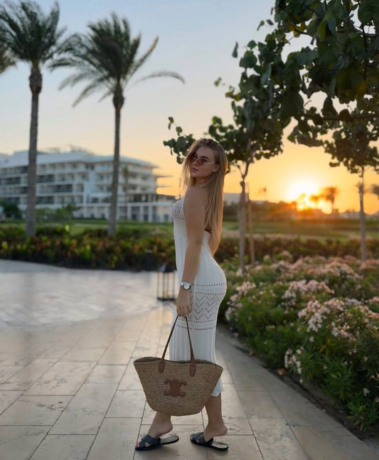 Crochet Deep V Neck Backless Halter Slim-Fit Long Dress