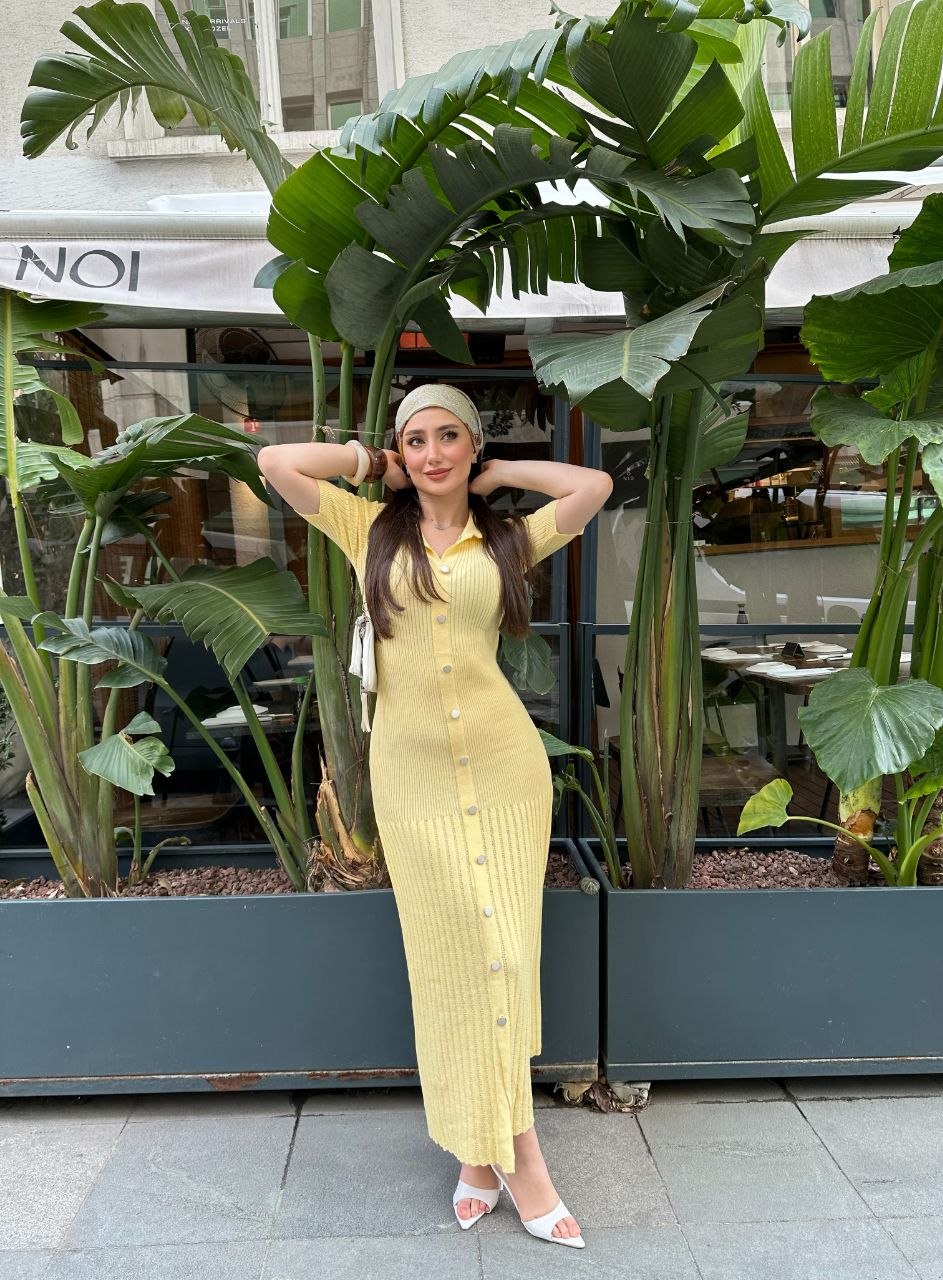 Yellow Cotton dress with pearl collar