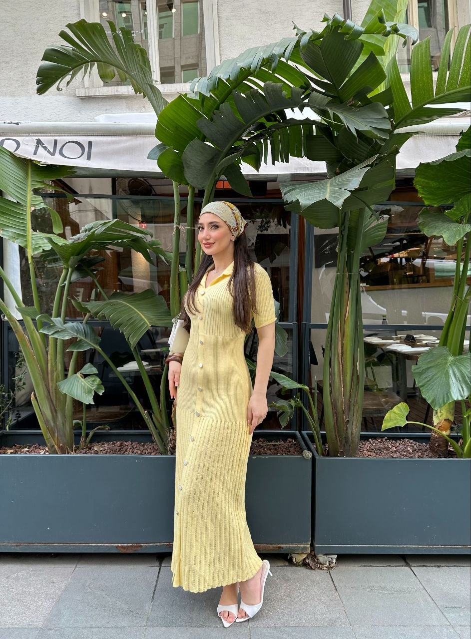 Yellow Cotton dress with pearl collar