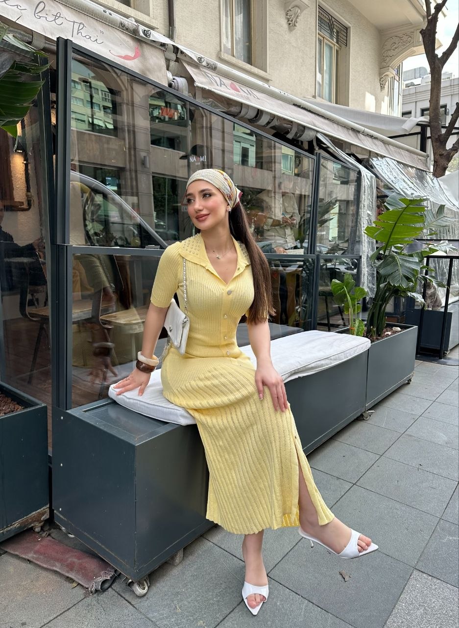 Yellow Cotton dress with pearl collar