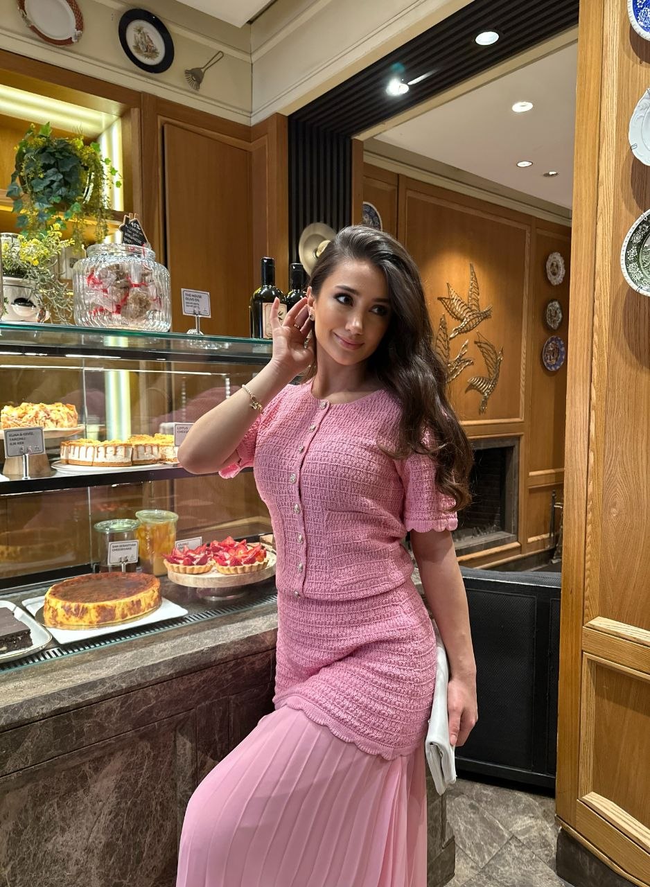 Pink Cotton knit set with chiffon trim